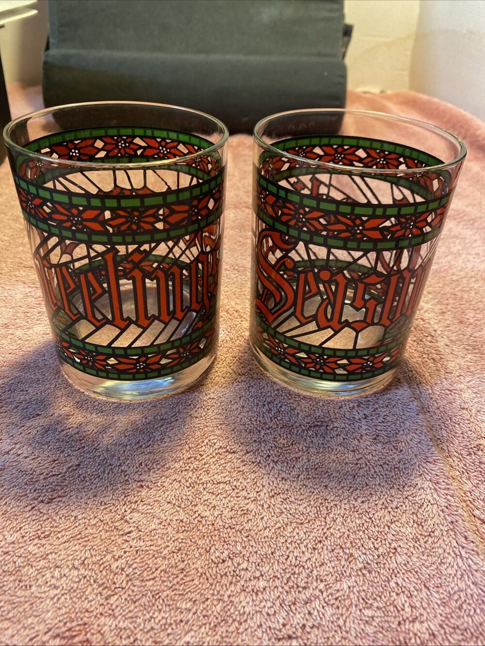 Houze SEASON'S GREETINGS Set of 2 Double Old Fashioned Stained Glass Christmas